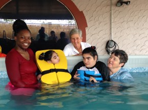 Linda with Sarah and Jenelle at their swim lesson at TEAMability