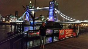 Here we are at sundial right by docks 1st night. Tower Bridge in background and Jen up front. 