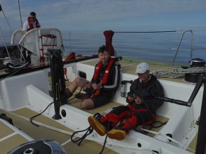 Mark and I splicing lines and whipping to make some extra sail ties.