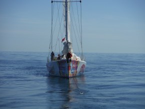 Boat being towed and about to release lines