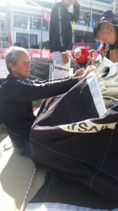 Now to place sail bag around it, tie ties, zip it up and tie final ties. And yes I am trapped underneath here!