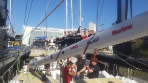 Matt and Tony getting the suntan lotion on prior to work.