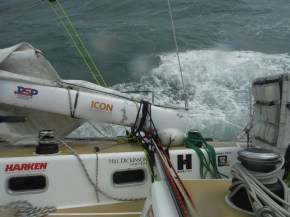 It is fun but wish we had a mainsail up.  Note boom lashed to deck 