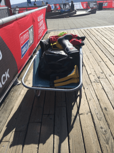 Picking up gear and bags from the boat