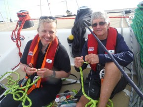 Jane and I working on making more sail ties as they somehow disappear.