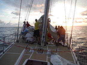Everyone now in the act! Except me as I was up the mast earlier to repair and replace the spinnaker block.