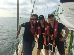 Jen, Jill and Lynn dressed for our arrival and glad to get there.